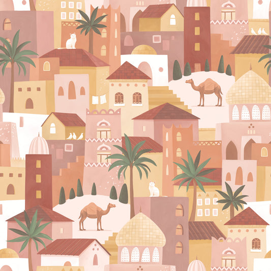 Charming Desert Cityscape with Camels and Palm Trees Wallpaper⁠