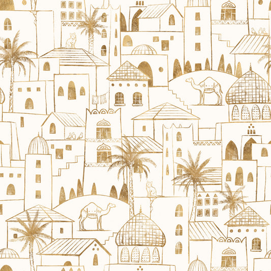 Golden Oasis Desert City Hand Drawn Wallpaper Wallpaper⁠