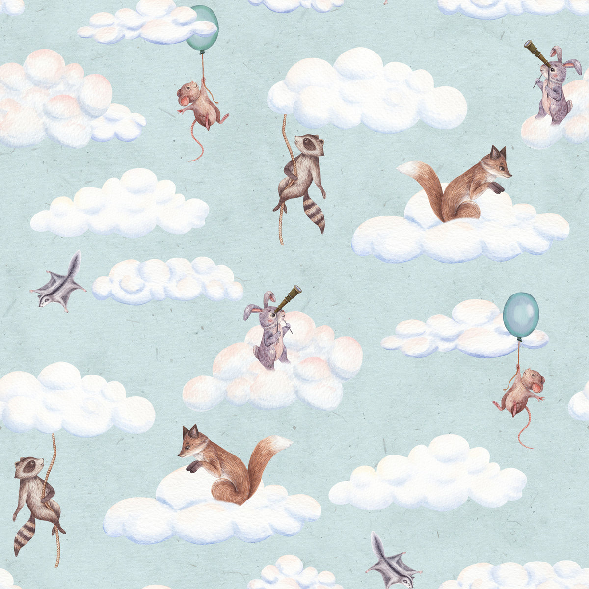 Whimsical Woodland Friends Floating in Soft Clouds Wallpaper⁠
