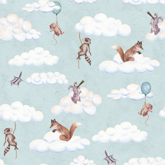 Whimsical Woodland Friends Floating in Soft Clouds Wallpaper⁠