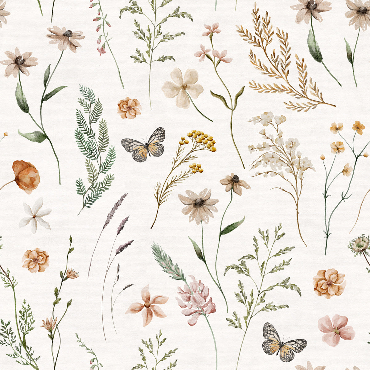 Boho Wildflower Meadow Watercolor Floral Print Wallpaper⁠