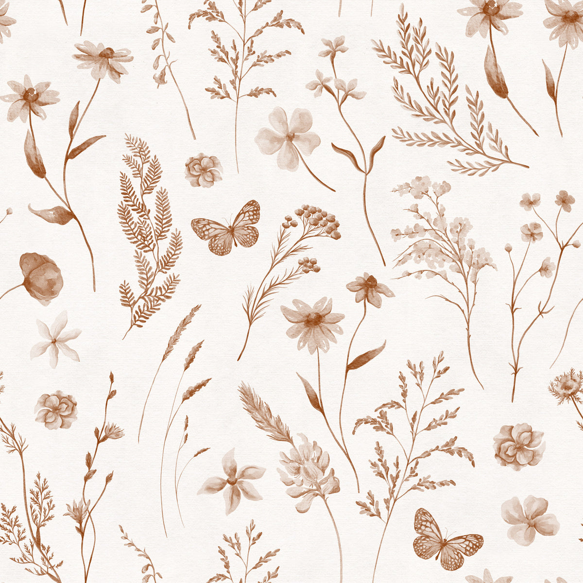 Rustic Earthy Wildflower and Butterfly Botanical Wallpaper in your room