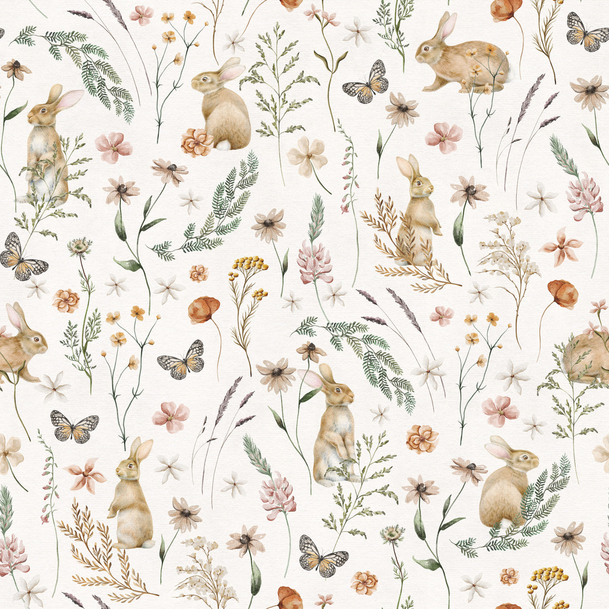Enchanted Woodland Rabbit and Wildflower Meadow Scene Wallpaper⁠