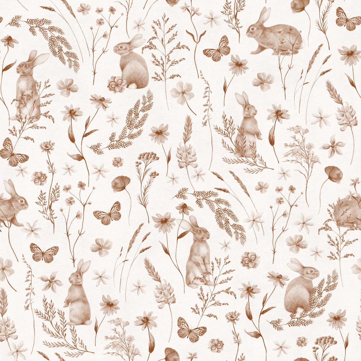 Charming Woodland Rabbits and Wildflowers Pattern Wallpaper⁠ in your room — zoomed