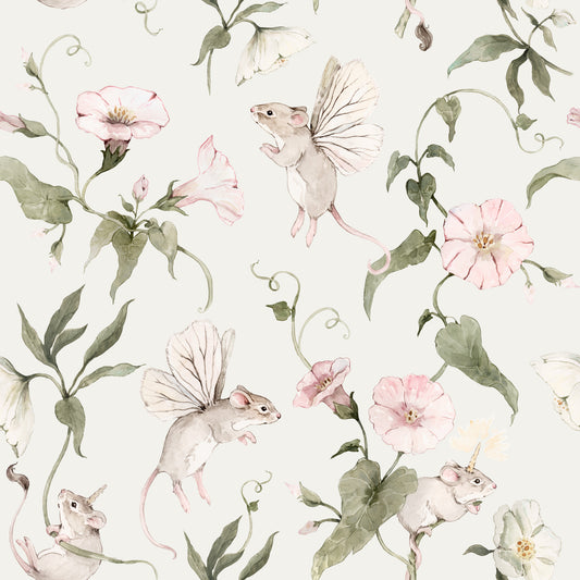 Magical Garden Fairy Mouse and Flower Print Wallpaper⁠