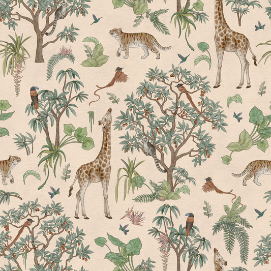 Whimsical Hand Drawn Tropical Safari Scene Wallpaper⁠