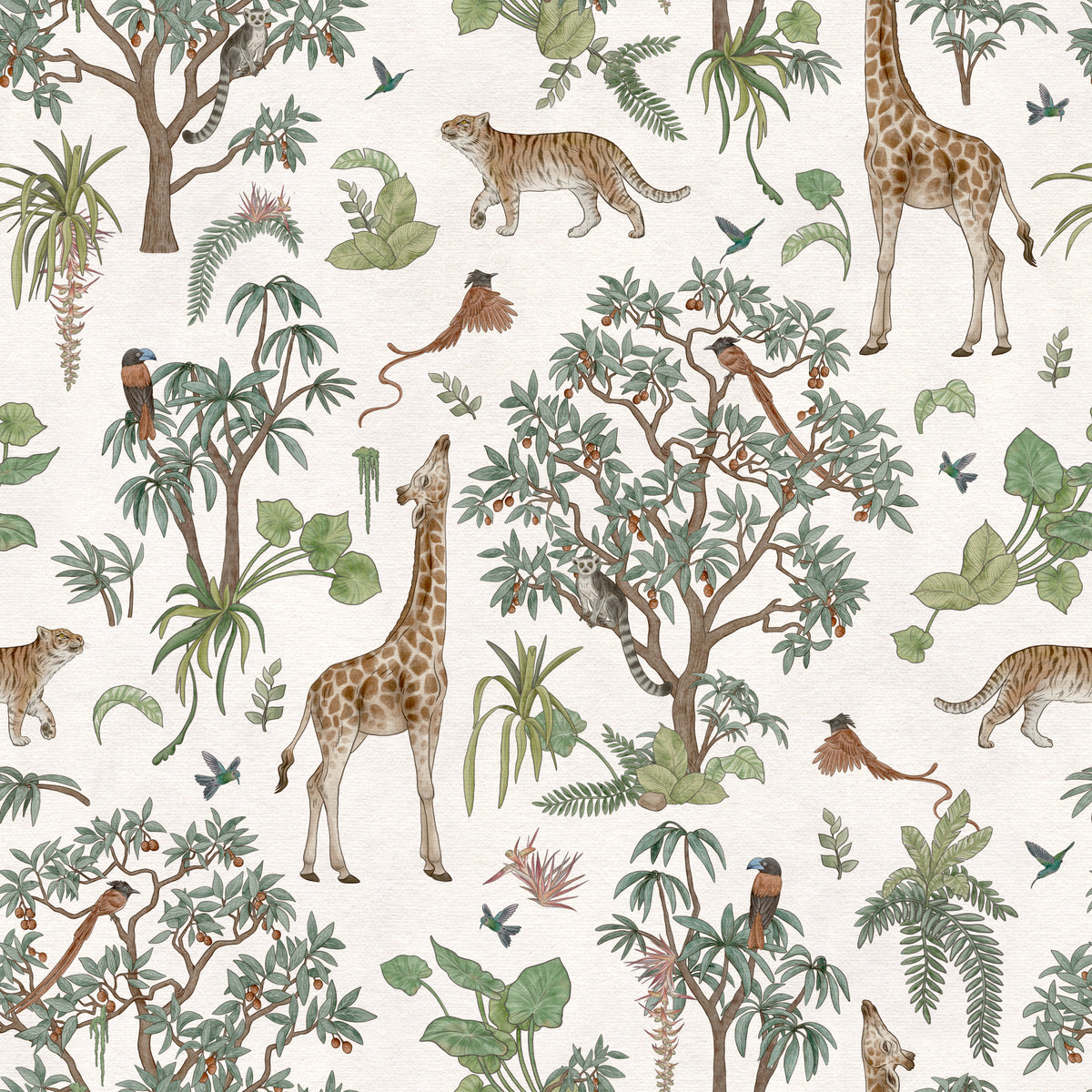 Enchanted Safari Animals and Tropical Foliage Wallpaper in your room