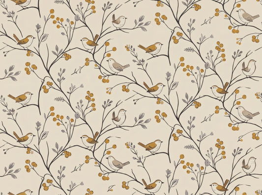 Charming Woodland Birds and Berries Pattern Wall Mural