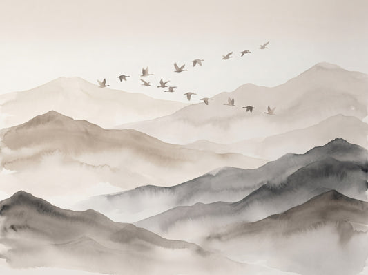 Ethereal Flock Over Misty Peaks Wall Mural Wall Mural