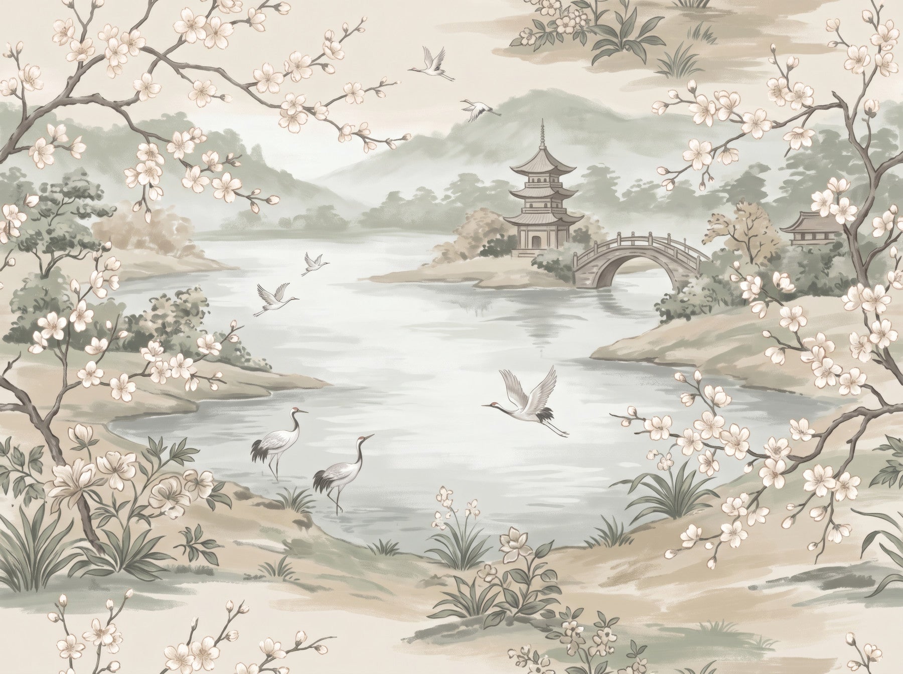 Serene Asian Garden Crane Landscape Mural Wall Mural