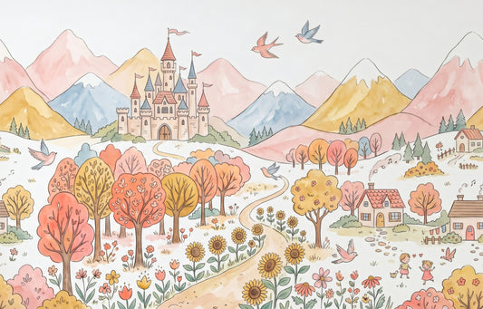 Fairytale Castle Landscape Watercolor Wall Mural Wall Mural