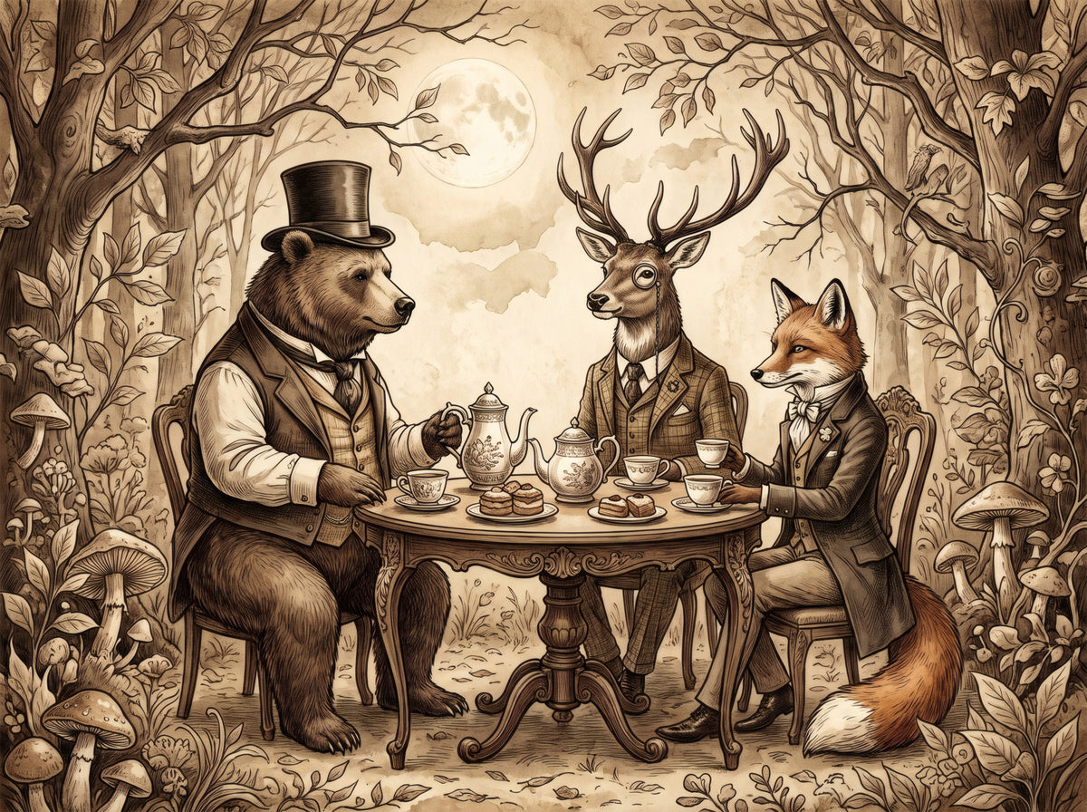 Elegant Forest Animal Tea Party Sepia Wall Mural in your room