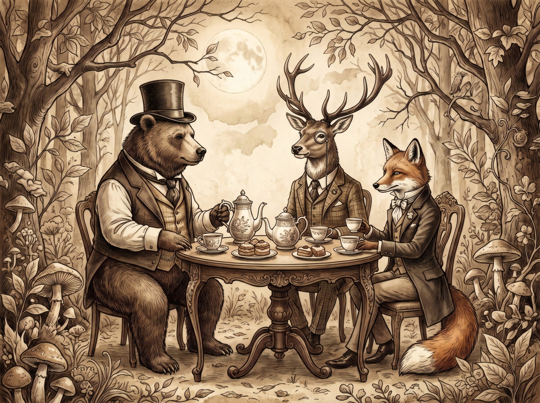 Elegant Forest Animal Tea Party Sepia Wallpaper Wall Mural