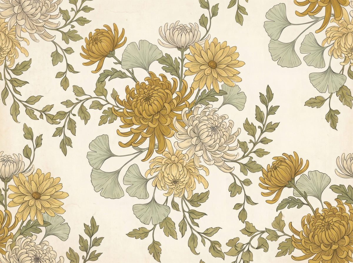 Vintage Gold Chrysanthemum Botanical Garden Floral Wall Mural in your room — zoomed