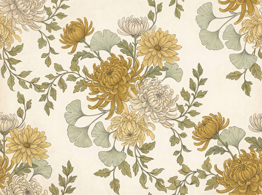 Vintage Gold Chrysanthemum Botanical Garden Floral Wallpaper Wall Mural