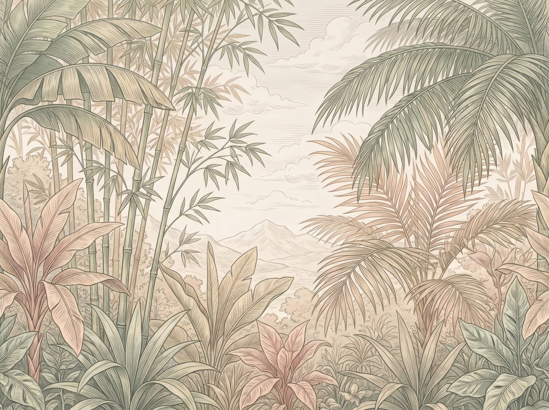 Vintage Tropical Jungle Oasis Landscape Wallpaper Wall Mural