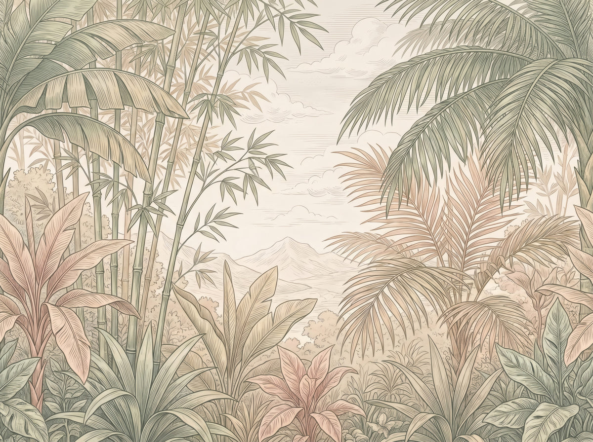 Vintage Tropical Jungle Oasis Landscape Wall Mural in your room — zoomed