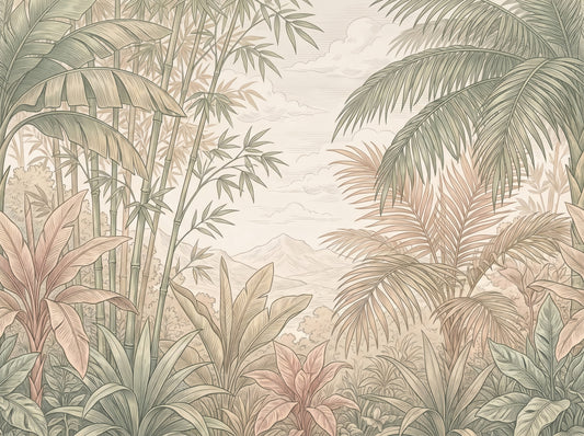 Vintage Tropical Jungle Oasis Landscape Wallpaper Wall Mural