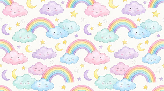 Cute Pastel Rainbow And Smiling Cloud Nursery Pattern Wall Mural
