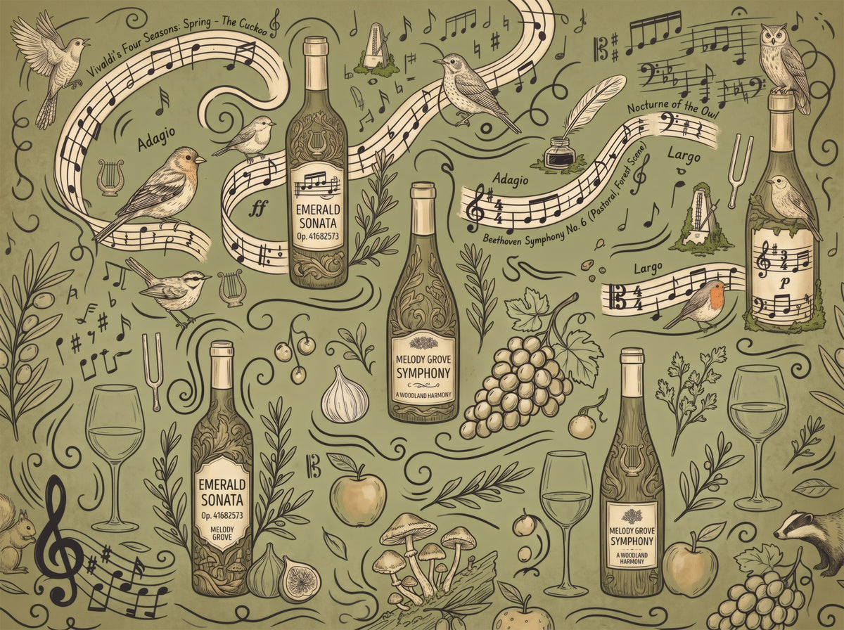 Woodland Symphony Music and Nature Illustration Wall Mural in your room — zoomed