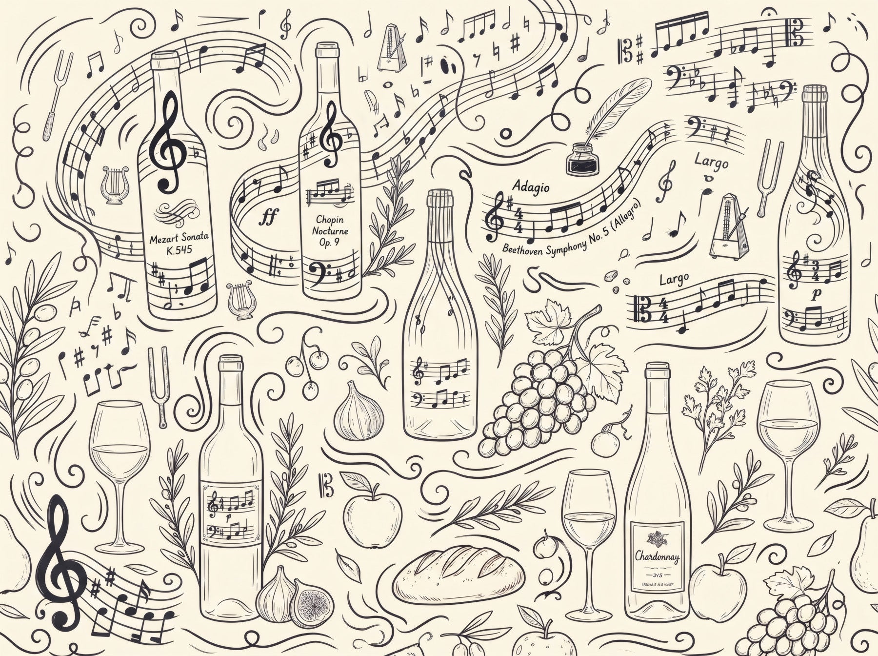 Classical Music and Fine Wine Illustration Wallpaper Wall Mural
