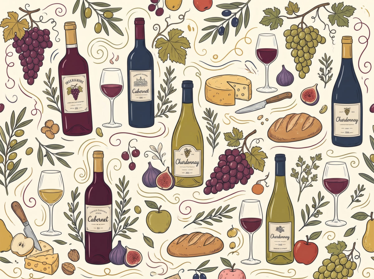 Rustic Vineyard Wine and Cheese Culinary Pattern Wall Mural