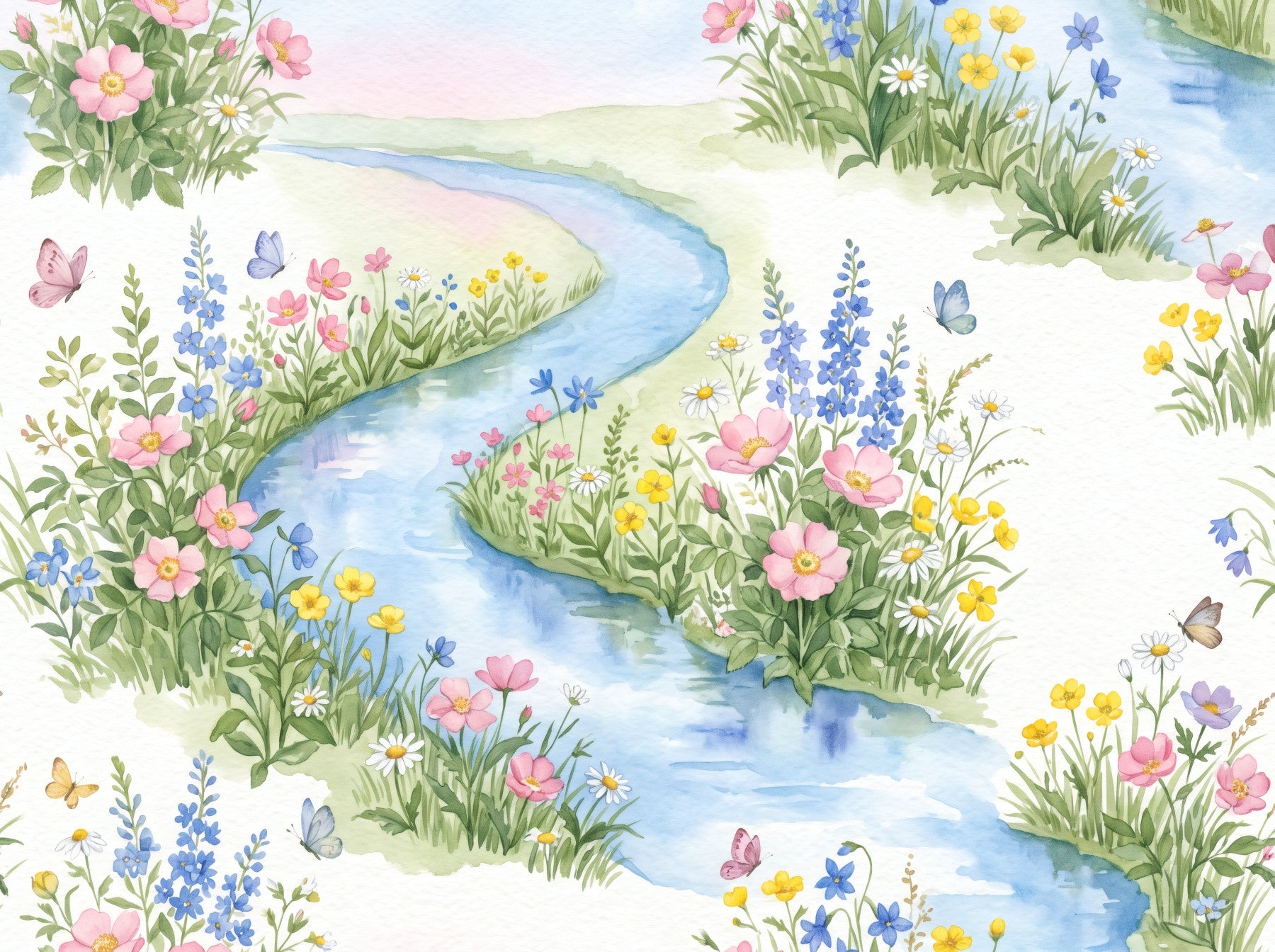 Serene Watercolor Riverside Wildflower Meadow Wall Mural