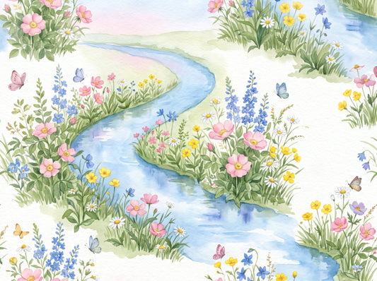 Serene Watercolor Riverside Wildflower Meadow Wall Mural