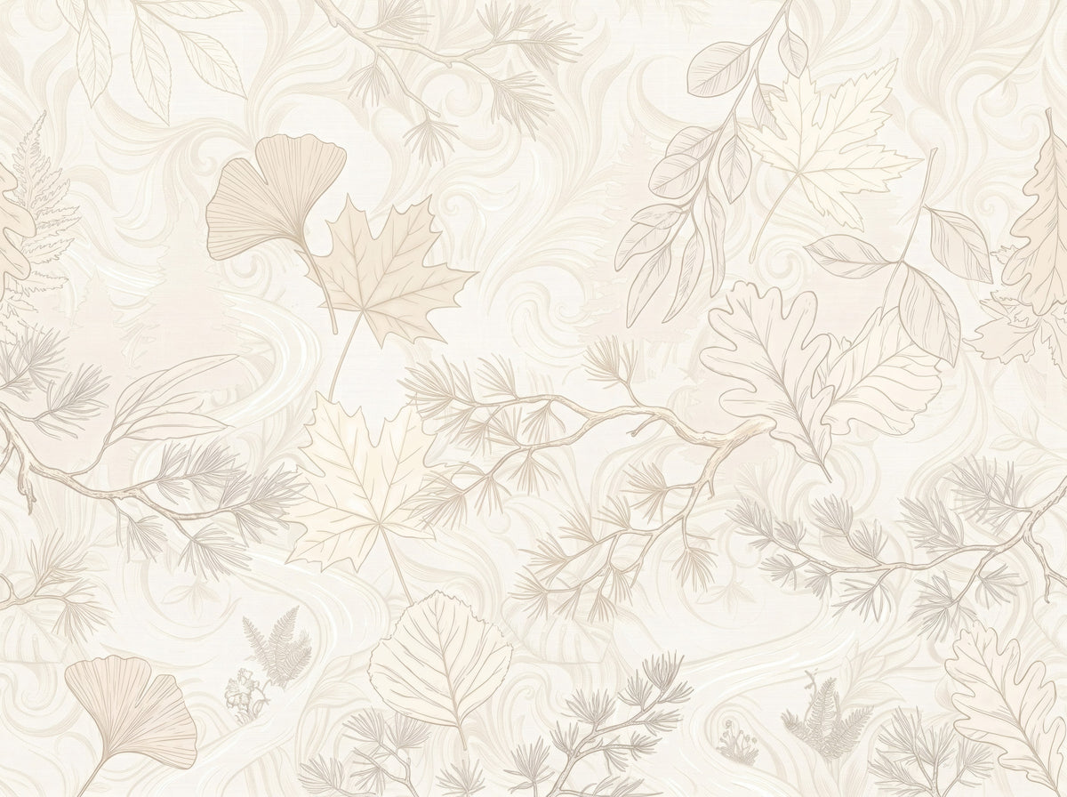 Cream Botanical Leaf Line Art Wall Mural in your room — zoomed