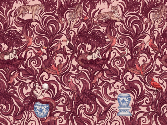Enchanted Jungle Mermaid Botanical Crimson Wallpaper Wall Mural