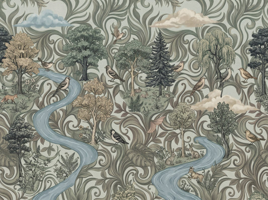 Enchanted Forest River Woodland Scene Wall Mural