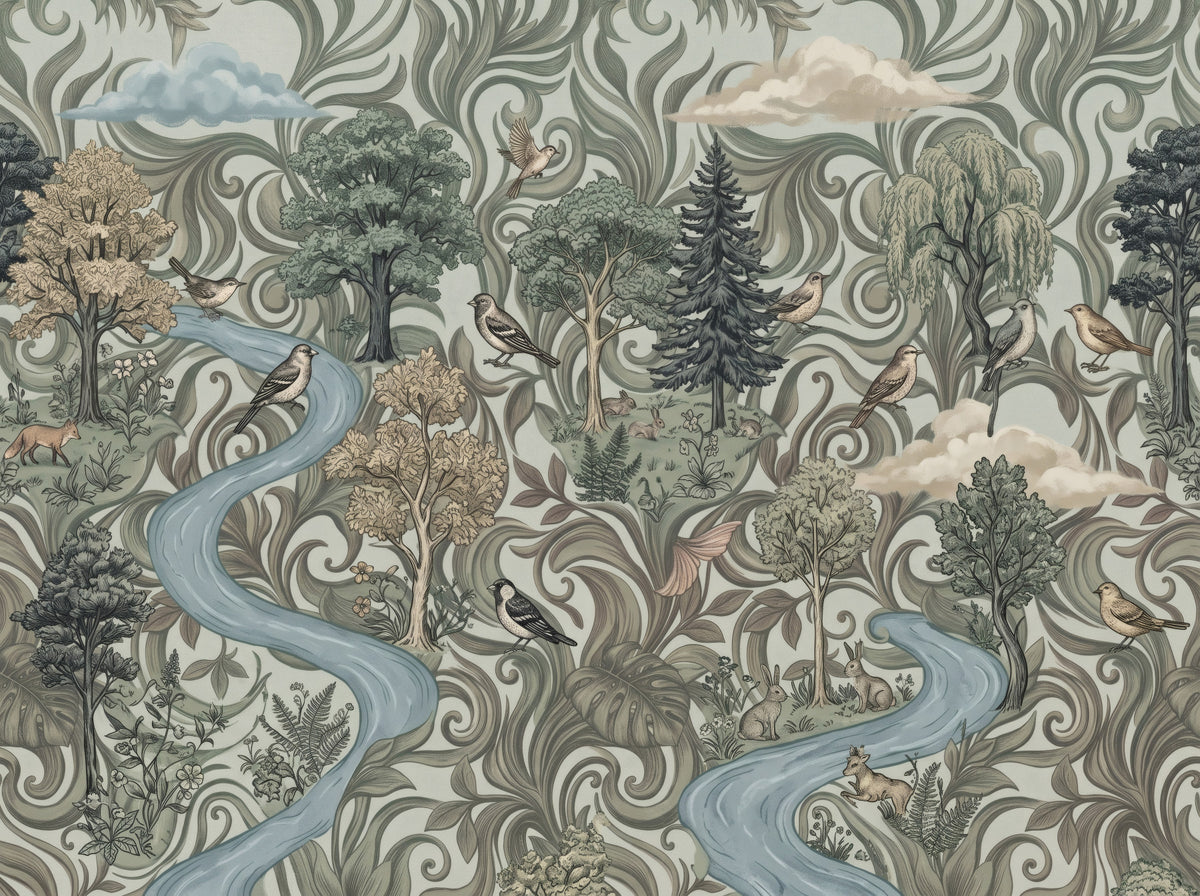 Enchanted Forest River Woodland Scene Wall Mural in your room