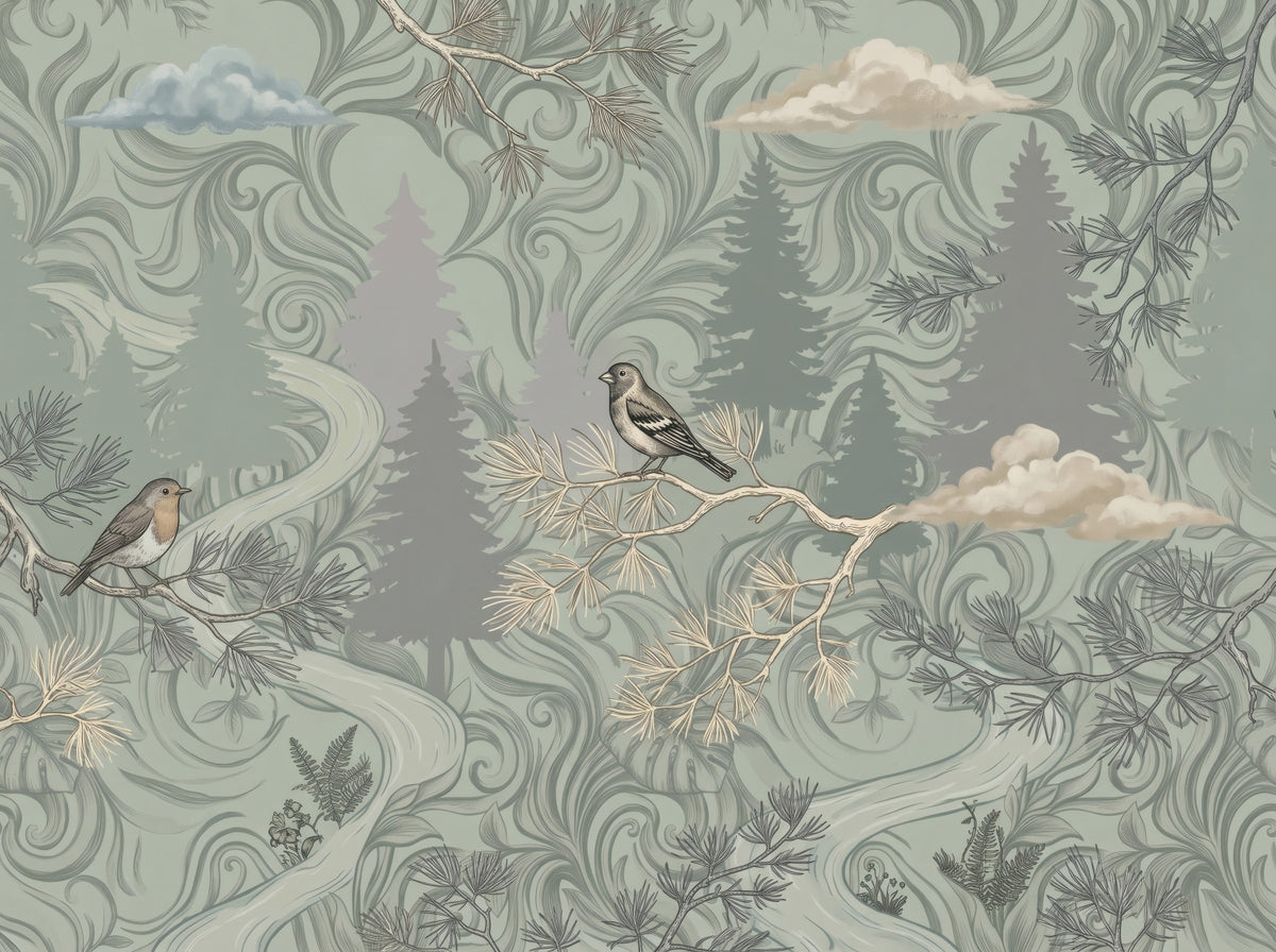 Enchanted Woodland Bird Song Sage Green Wall Mural