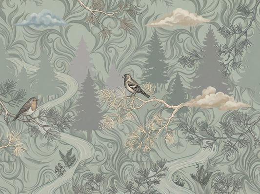 Enchanted Woodland Bird Song Sage Green Wallpaper Wall Mural