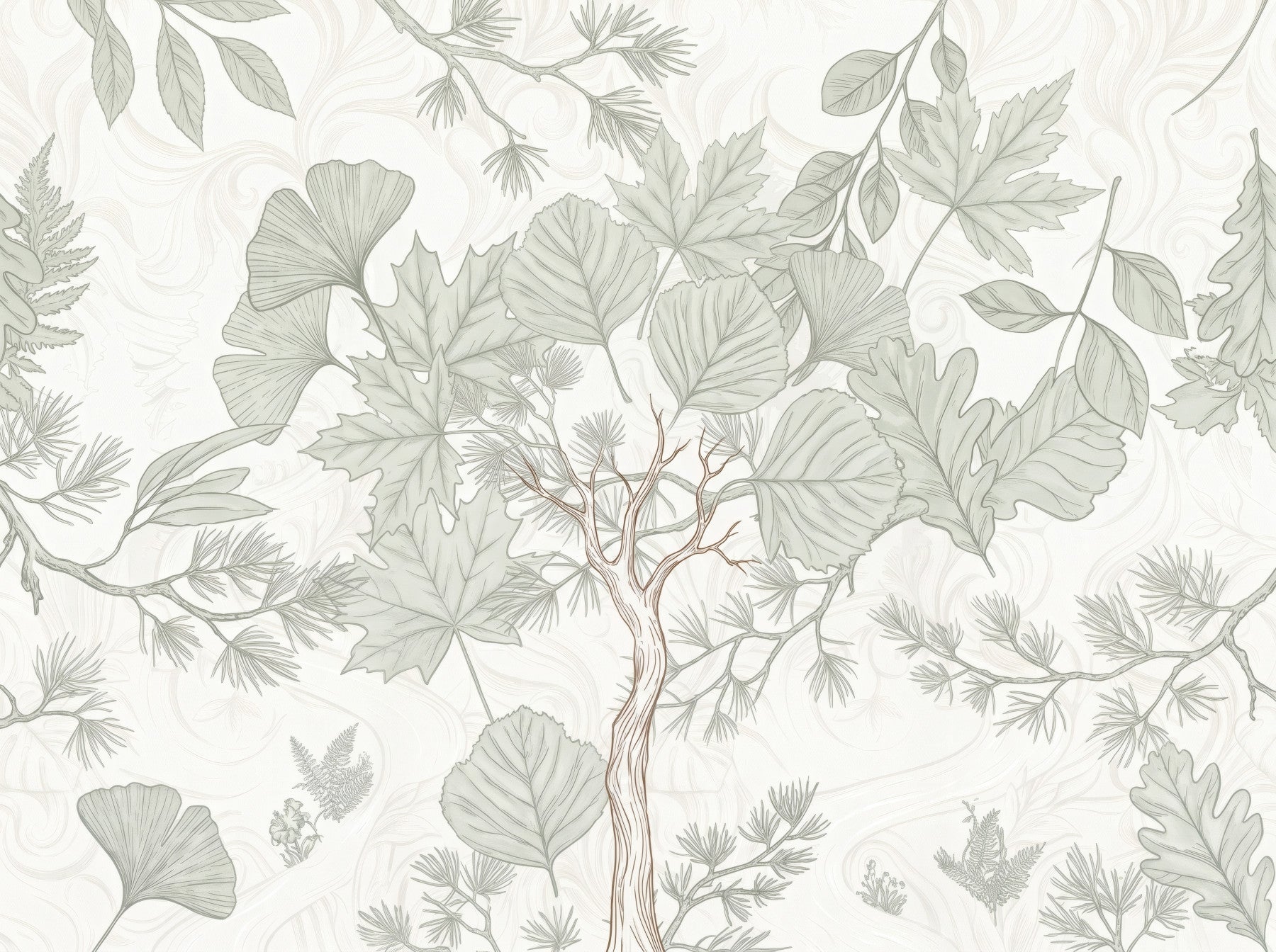 Sage Green Botanical Forest Sketch Wallpaper Wall Mural