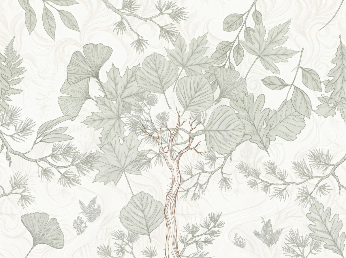 Sage Green Botanical Forest Sketch Wall Mural in your room — zoomed