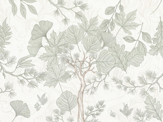 Sage Green Botanical Forest Sketch Wallpaper Wall Mural
