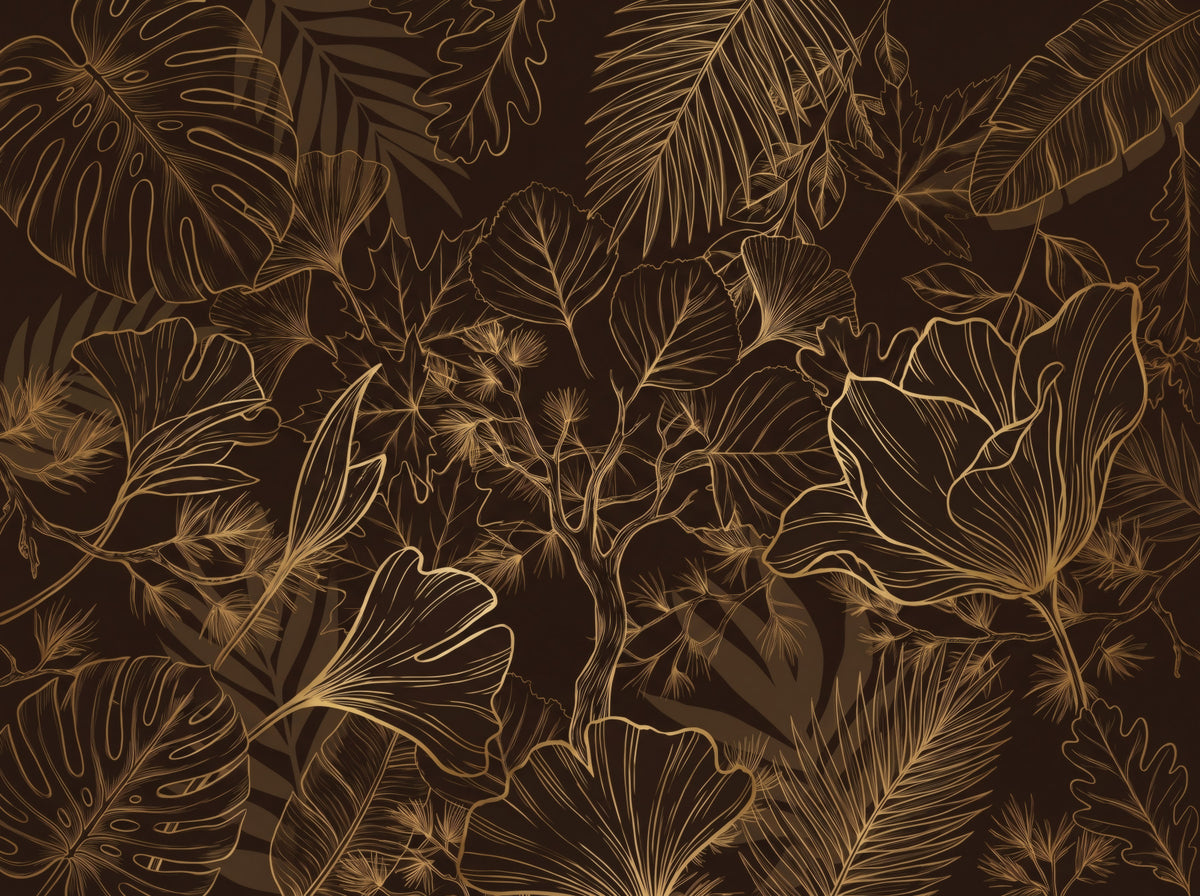 Elegant Gold Botanical Outline Art Wall Mural in your room — zoomed