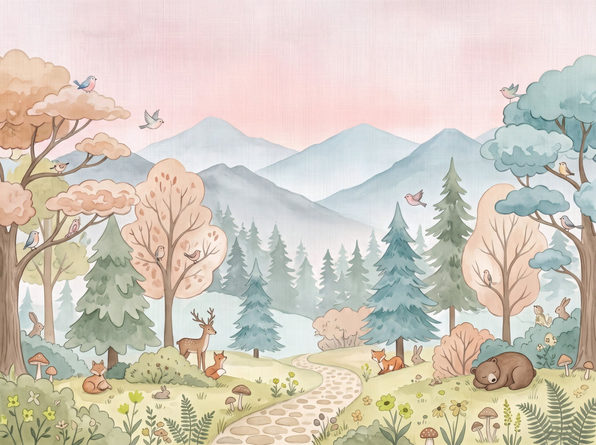 Enchanted Woodland Friends Soft Pink Landscape Wall Mural in your room