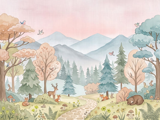 Enchanted Woodland Friends Soft Pink Landscape Wall Mural