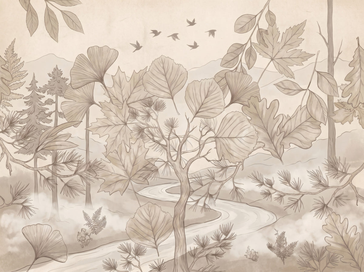 Misty Forest Path Sepia Sketch Wall Mural in your room — zoomed