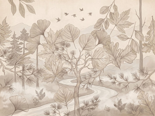 Misty Forest Path Sepia Sketch Wallpaper Wall Mural
