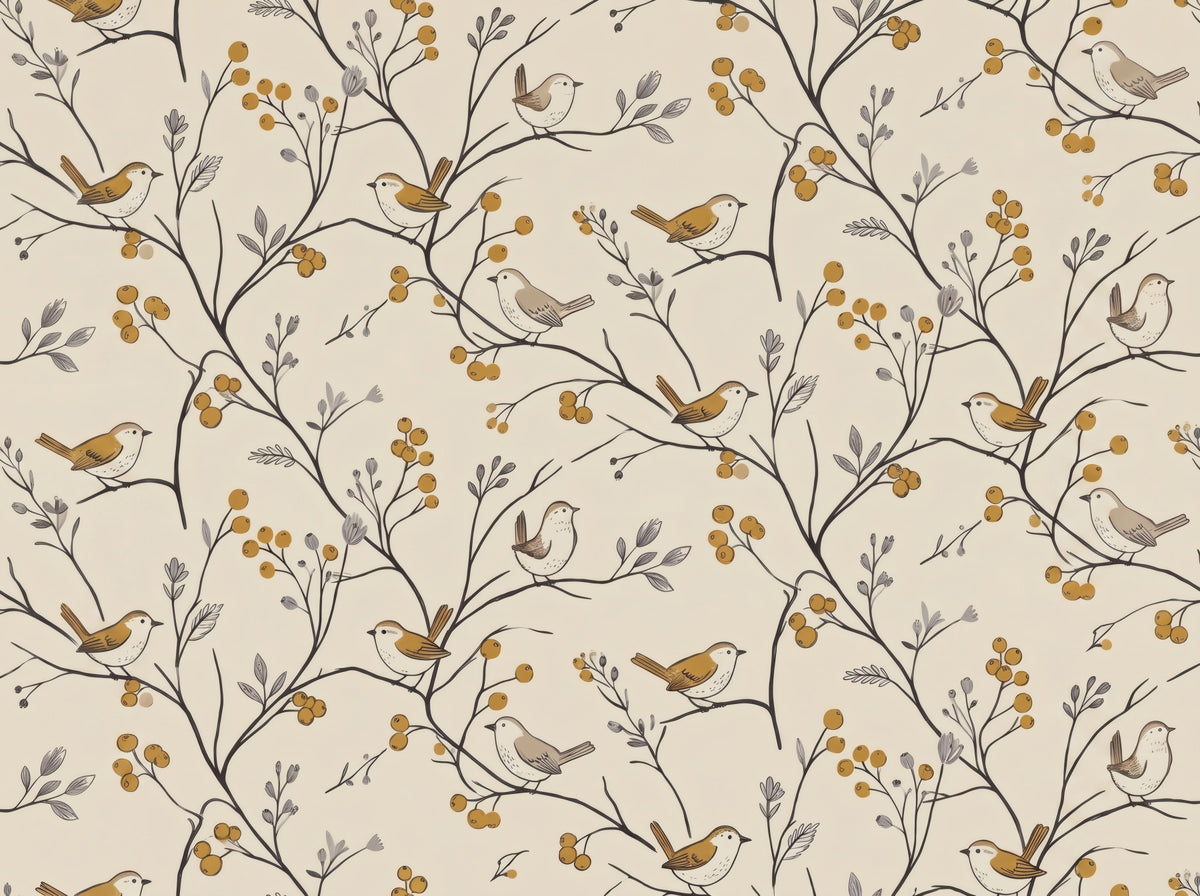 Charming Woodland Birds and Berries Pattern Wallpaper⁠ in your room — zoomed