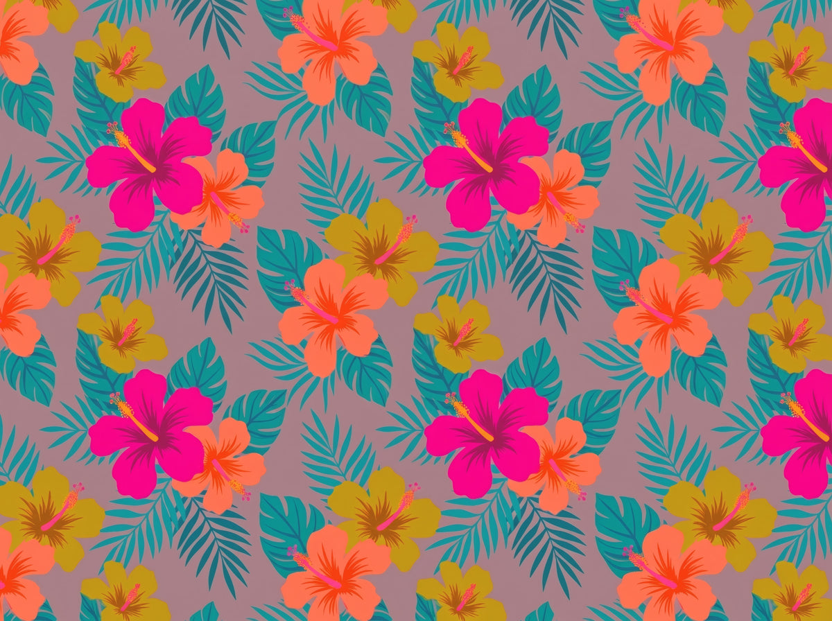Vibrant Tropical Hibiscus Floral Pattern Wallpaper⁠ in your room — zoomed