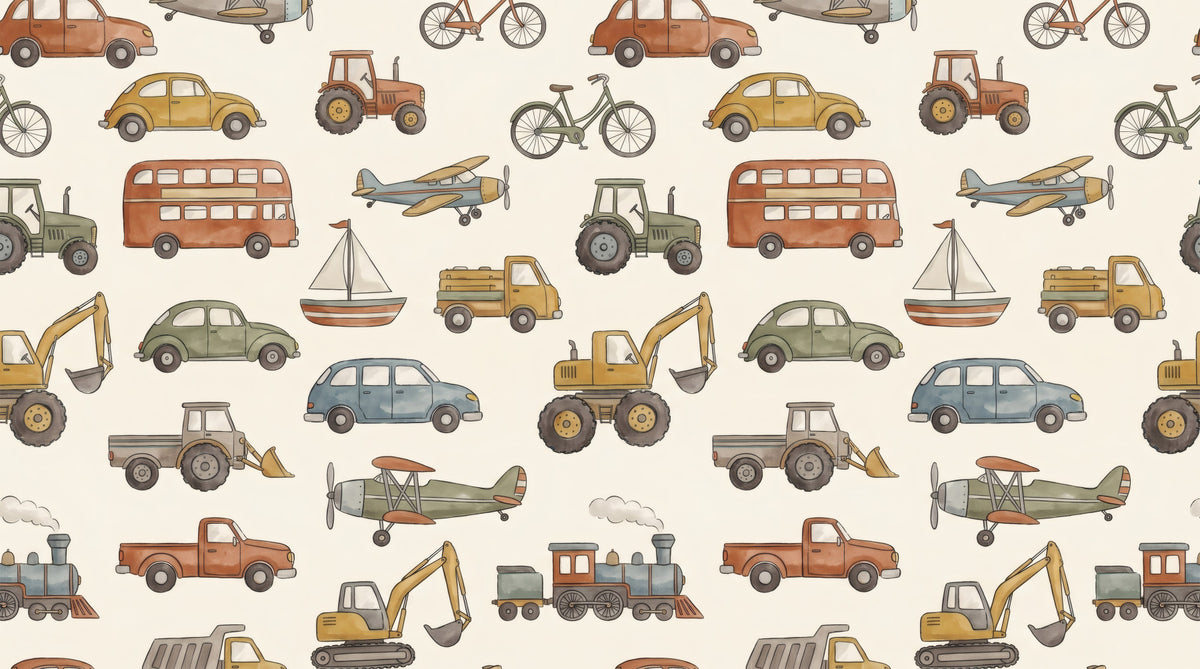 Charming Watercolor Vehicles Nursery Pattern Wallpaper⁠ in your room — zoomed