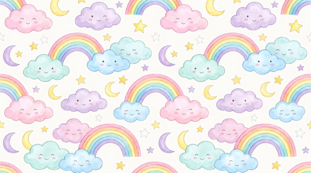 Pastel Rainbow and Sleepy Clouds Nursery Wallpaper in your room