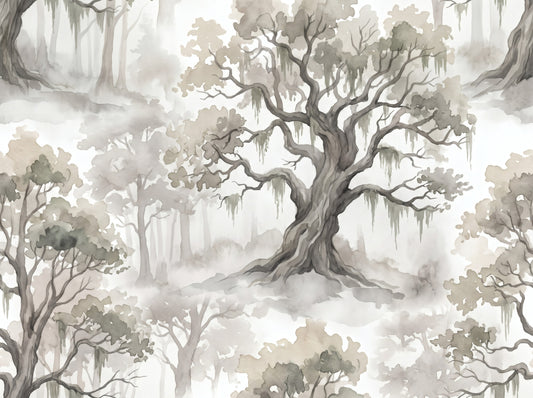 Misty Forest Watercolor Tree Mural Wallpaper⁠