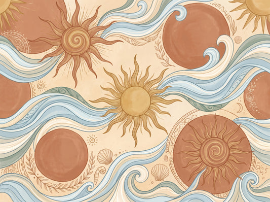 Celestial Sun and Swirling Sea Boho Wallpaper Wallpaper⁠