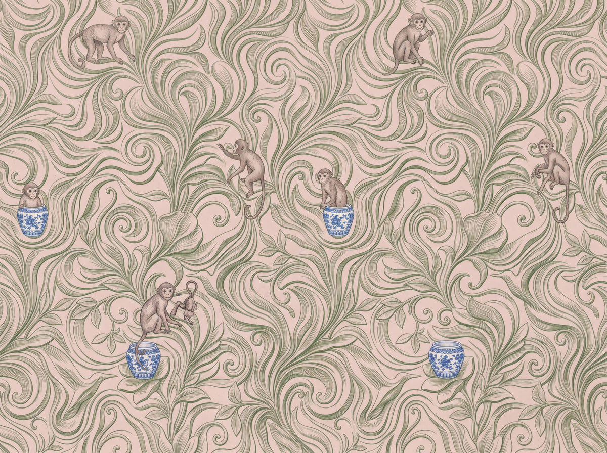 Whimsical Jungle Monkeys in Porcelain Garden Wallpaper⁠ in your room — zoomed