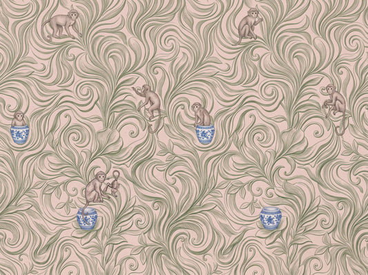 Whimsical Jungle Monkeys in Porcelain Garden Wallpaper⁠